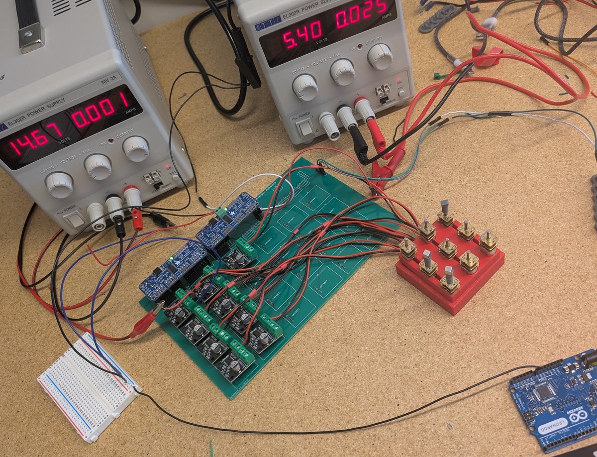 AshrithEd's tweet image. Developed a user interface for controlling all 9 motors in my micro-robot array.

[ UI ] → [ HTTP API ] → [ MotorController ] → [ SerialPort ] → [ Arduino ] → [ PCA9685 ] → [ Motors ]

A simple frontend lets me control speed and direction for each motor, backed by a…