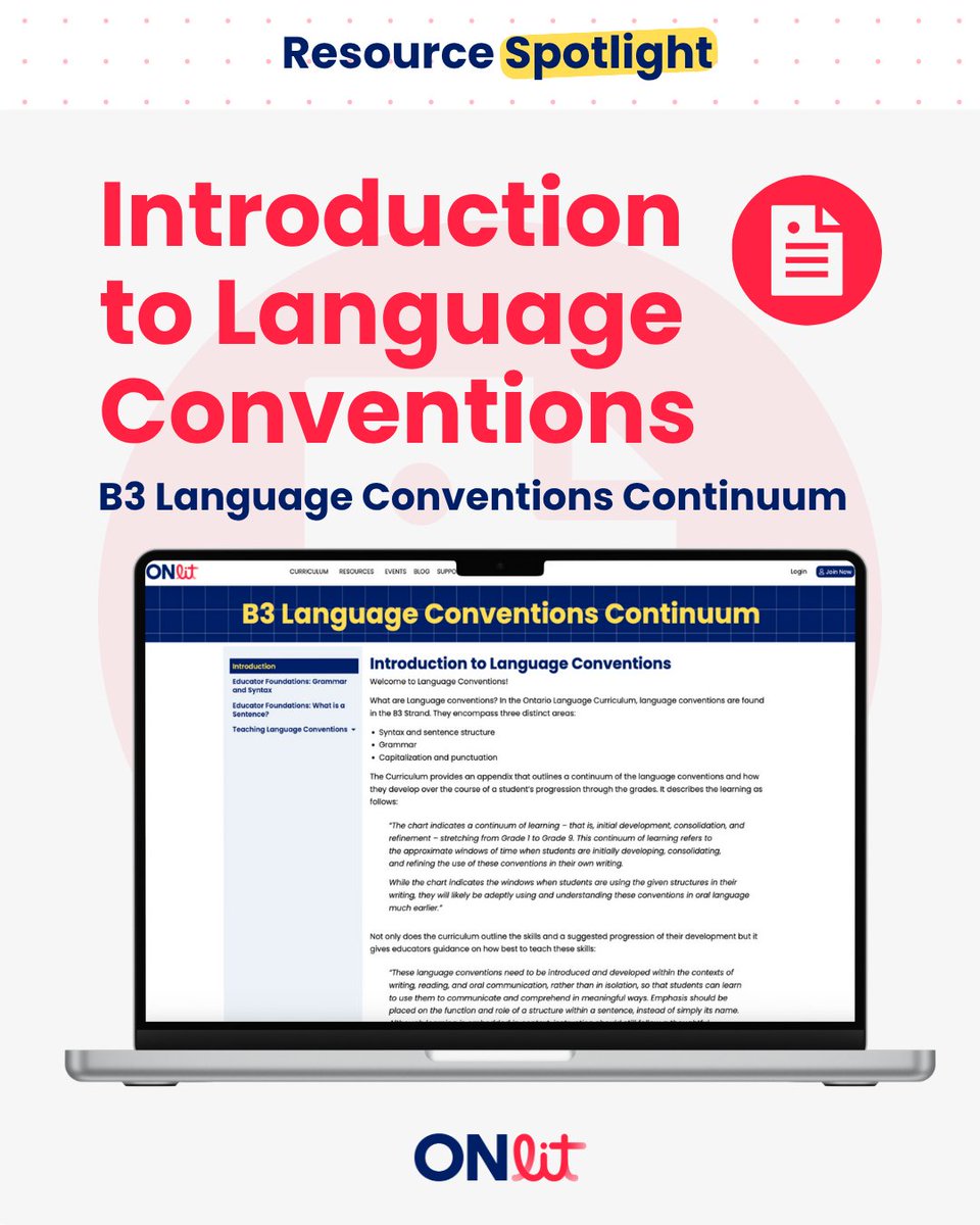 ONlit now has a dedicated section on B3 Language Conventions to support teachers in bringing this part of the Ontario Language Curriculum to life.

Explore resources, explanations, and classroom connections here:
👉 onlit.org/b3-language-co…