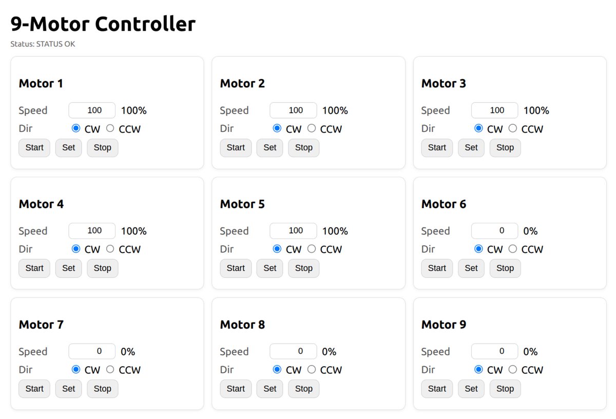 AshrithEd's tweet image. Developed a user interface for controlling all 9 motors in my micro-robot array.

[ UI ] → [ HTTP API ] → [ MotorController ] → [ SerialPort ] → [ Arduino ] → [ PCA9685 ] → [ Motors ]

A simple frontend lets me control speed and direction for each motor, backed by a…