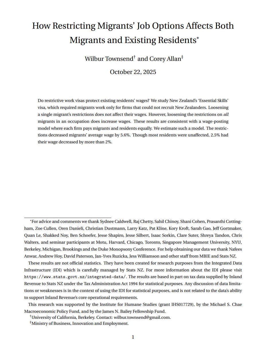 Making it hard for migrants to shift employers reduced those migrants' wages and also reduced wages of some New Zealand residents. 

From <a href="/IAmWilbur/">Wilbur</a>, now Assistant Prof at Berkeley!, and Corey Allen. 

wilburtownsend.github.io/papers/visas.p…