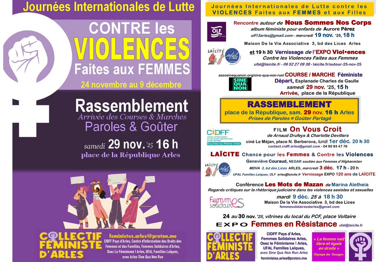 LaiciteMidi's tweet photo. Autour du 25 nov. Contre Les VIOLENCES Faites aux Femmes. Programme Collectif Feministes.Arles@proton.me https://t.co/PFsTwh8tZ5 https://t.co/V6Mb4PHo0k