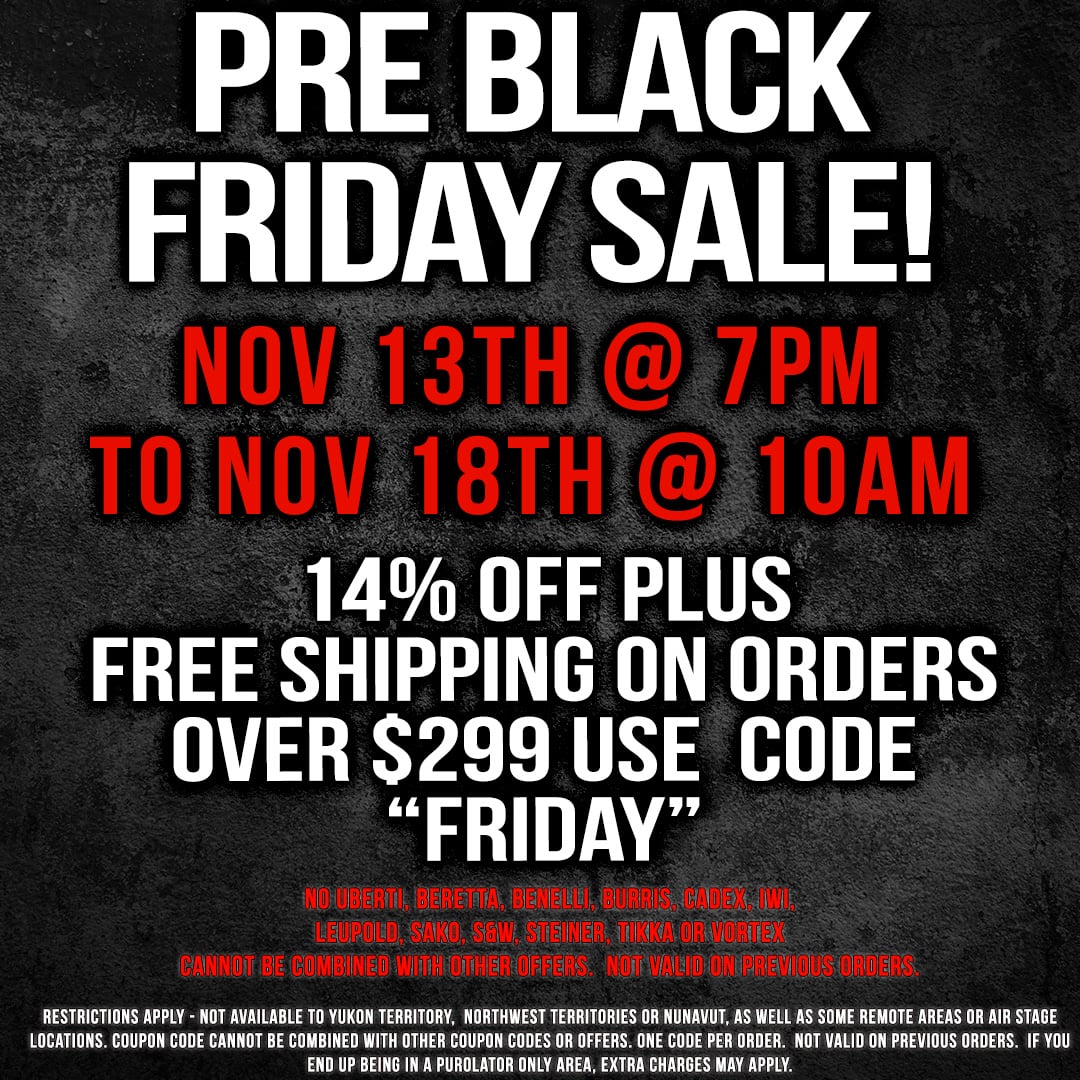 Black Friday is coming, but, let’s get you warmed up with a pre-black Friday sale and the opportunity to save 14% and get free shipping on orders $299+ by using the code ‘FRIDAY’ at checkout on SFRC - theammosource.com!

Some restrictions apply.