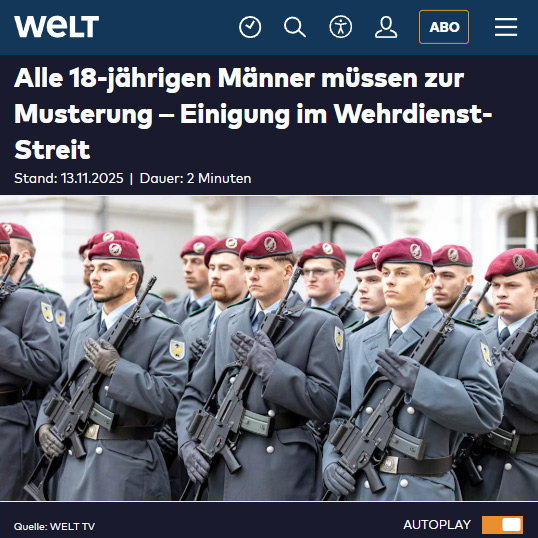 Ab sofort gibt es wieder nur noch 2 Geschlechter in Deutschland: 1 Geschlecht, das zur Musterung muss, und das andere Geschlecht, das nicht zur Musterung muss.
welt.de/politik/deutsc…