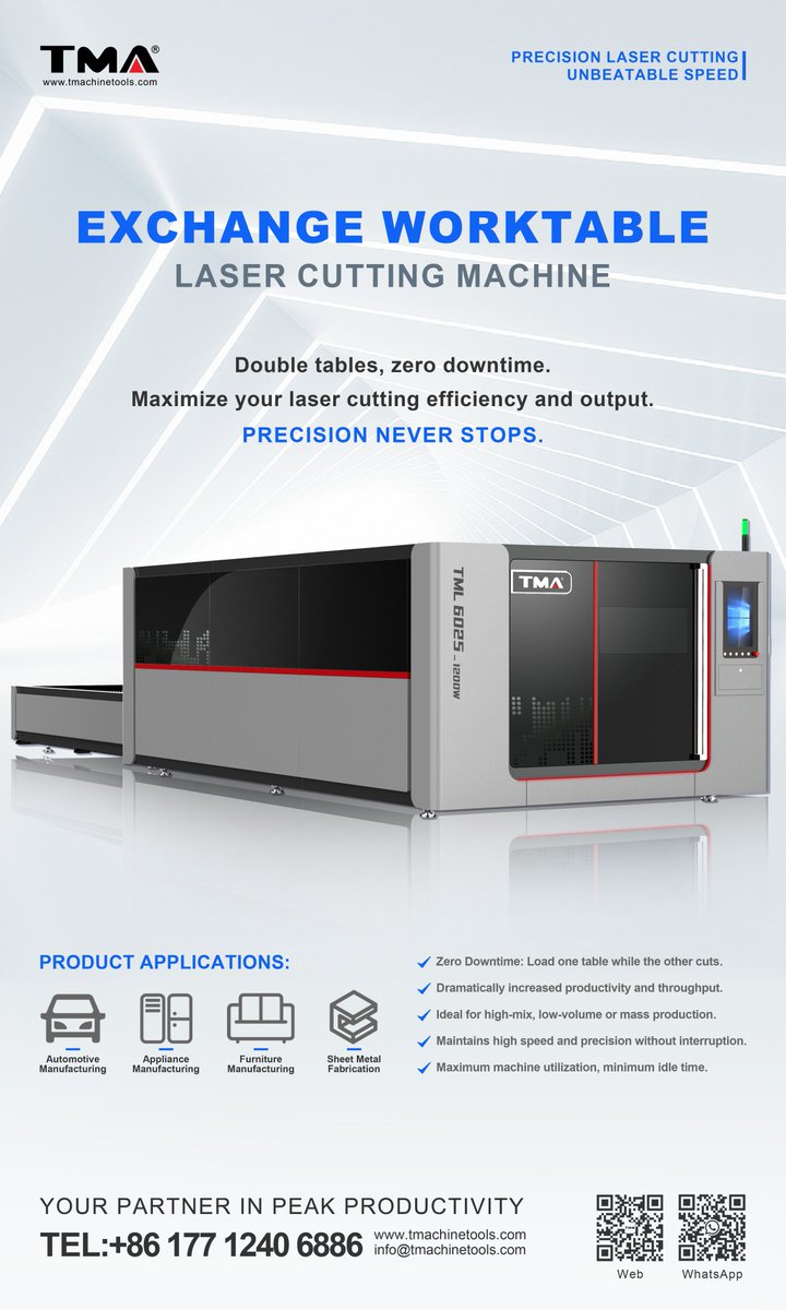 tmabonnie's tweet image. Power. Speed. Precision.

 TMLD6025-12000W Exchange Worktable Laser Cutting Machine — built for heavy production and demanding jobs.

🟢 WhatsApp: +8617712406886
📧 Email: bonnie@tmachinetools.com

#MetalMachinery #LaserCutting #TMA