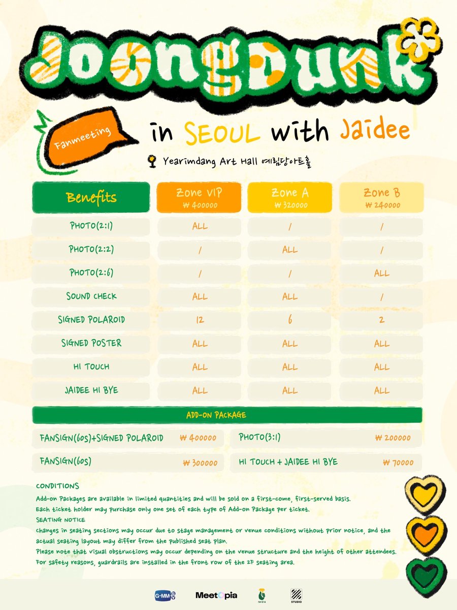안녕, 서울!~ 사랑스러운 팬 여러분! ✨
JoongDunk이 서울에서 팬 여러분과 특별한 추억을 만들기 위해 찾아옵니다!
그리고 놀라운 소식 하나 더 — 이번 팬미팅에는 우리의 사랑스러운 Jaidee도 함께하며, 첫 해외 일정을 팬 여러분과 함께할 예정입니다.
따뜻한 추억과 특별한 무대로 가득한 행복한