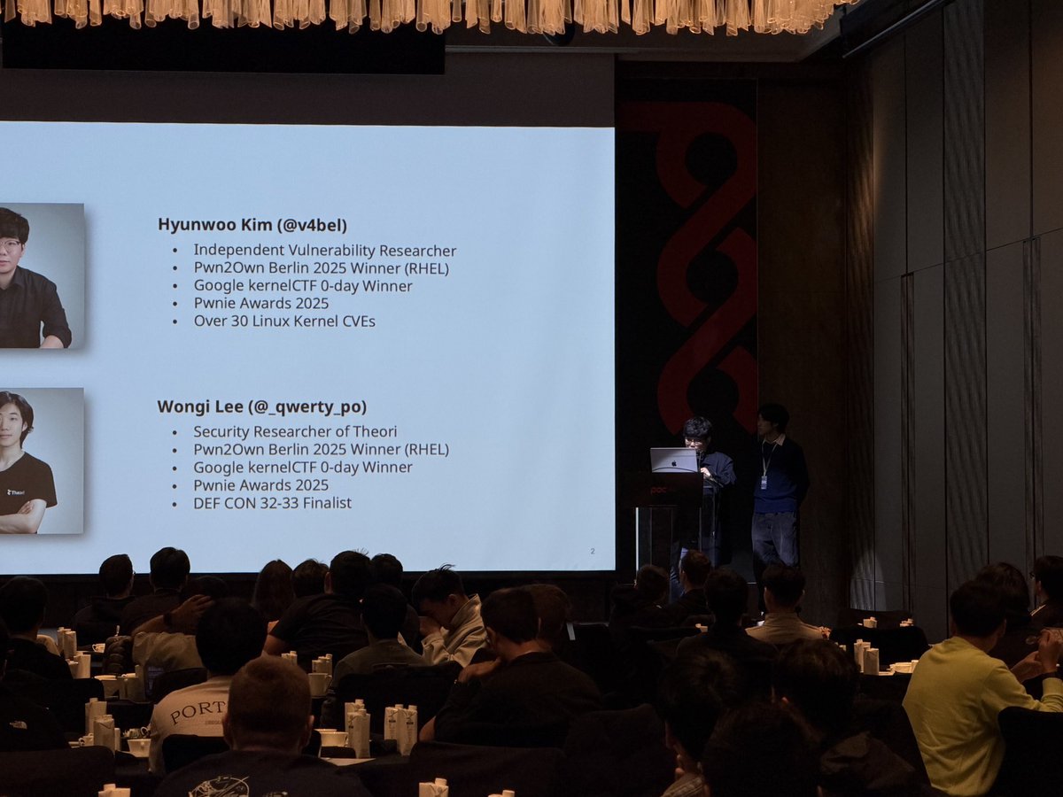 POC_Crew's tweet image. Enjoyed every minute 😄

Hyunwoo Kim (@v4bel) &amp;amp; Wongi Lee (@_qwerty_po) – Race Condition Symphony: From Tiny Idea to Pwnie 🐧🎶

#POC2025