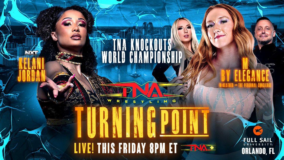 BREAKING: <a href="/kelani_wwe/">Kelani Jordan</a> will defend the TNA Knockouts World Championship against <a href="/justmaggielee/">m by elegance🥂💖💫</a> at #TNATurningPoint LIVE TOMORROW at 8PM ET on TNA+! 

<a href="/IamGeorgeIceman/">George Iceman</a> <a href="/Heathereckless/">Heather by Elegance 💋</a> 

Get tickets NOW: tixr.com/groups/tnawres…

Use code TURNINGPOINT25 for 1 month FREE on TNA+! ▶️