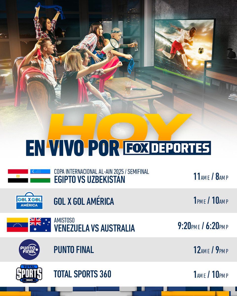 ¡VIERNES DE MUCHA ACCIÓN EN FOX DEPORTES! 💪

#AmistosoEnFOX 🙌
#GolXGol 😎
#AmistosoEnFOX 🤩
#PuntoFinal ⚽
#TotalSports 💥