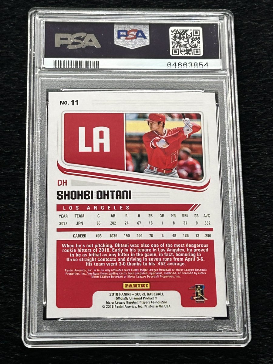 jtteaxasaggie's tweet photo. 2018 Score Press Proof Ohtani /299 PSA 10 $600 shipped https://t.co/chA6Je4B95