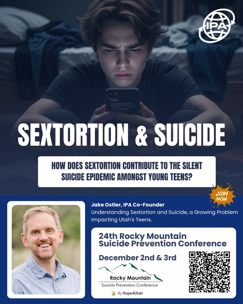 ipa_protectall's tweet image. Many sextortion victims suffer in silence and some lose their lives believing there’s no way out.

Jake Ostler will speak on this crisis at the Rocky Mountain Suicide Prevention Conference, Dec 2–3.

Get your ticket today.
#iAmNotAnAlgorithm #GlobalChildProtection #IPA