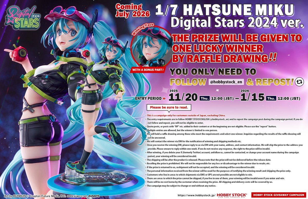 hobbystock_en's tweet image. Follow and repost to win a &quot;[Bonus Included] Hatsune Miku 1/7 HATSUNE MIKU #DigitalStars2024 ver.&quot; currently available for pre-order!

✅ How to Enter
Follow @hobbystock_en &amp;amp; RP
✅ Entry Period
until 1/15 12:00 (JST)

hobbystock.jp/sp/digitalstar…
#HatsuneMiku #DigitalStars