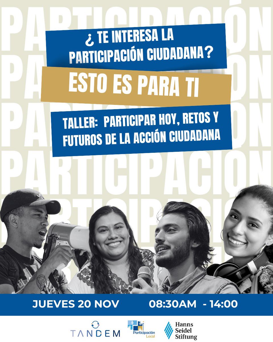 La participación ciudadana no es un discurso: es acción. ✊
Si quieres ser parte del cambio, este taller es tu espacio.

📅 20 de noviembre | 08:30 – 14:00

Regístrate en 1 minuto y si eres unx de lxs seleccionadas te contactaremos! 

Formulario: bit.ly/48d9C3M

Con el