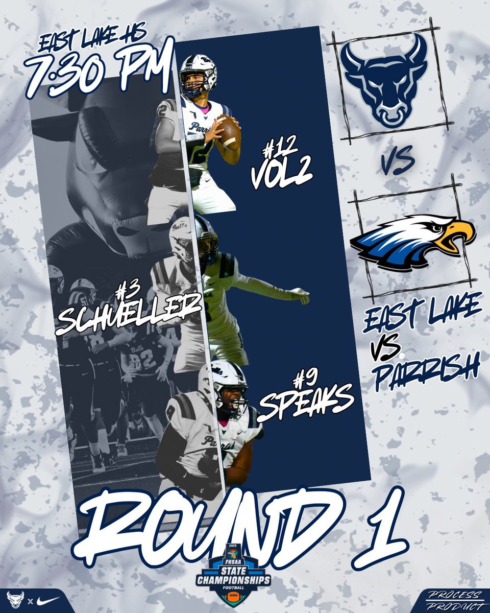 PCHSBULLSFB's tweet photo. Your Parrish Community Bulls hit the road for round 1 of the Regional Playoffs with a game vs. East Lake HS.  Kickoff is scheduled for 7:30PM.   Come out and support your team as they begin playoffs. https://t.co/csyHoOXqxu