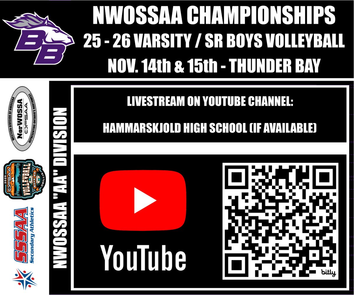 NWOSSAA "AA" Division
Varsity/Sr Boys Volleyball
Nov 14th &amp; 15th at Hammarskjold HS in Thunder Bay
Times listed are CST
Games should be streamed on their YouTube page (Hammarskjold High School)

Best 2 out of 3 series. Winner advances to OFSAA Provincial Championships in Orillia