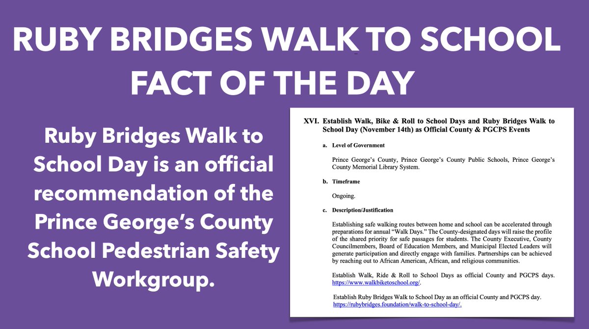 MDWalksForRuby's tweet image. Did you know that Ruby Bridges Walk to School Day is one of 18 recommendations from the Prince George&apos;s County School Pedestrian Safety Workgroup?

Events like Ruby Bridges Walk to School Day help to raise awareness about walkability and identify ways to create safer streets.