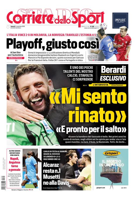 Front Page Corriere dello Sport, Friday, 14 November 2025