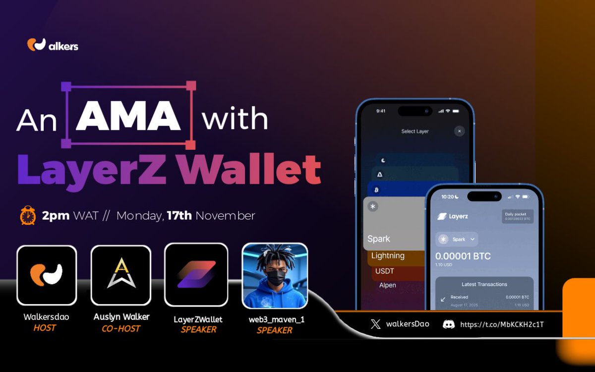 WalkersDao's tweet image. 🚀 AMA Alert!
We&apos;ve got something really exciting for you!
We’re going live with @LayerZWallet on Monday, 17th Nov | 2PM WAT 🔥

Come with your questions as we dive into the future of Bitcoin layers, wallet security &amp;amp; speed ⚡

🎙️ Co-Host: @AWalker_CM
🎙️Speaker: @Web3_Maven_1