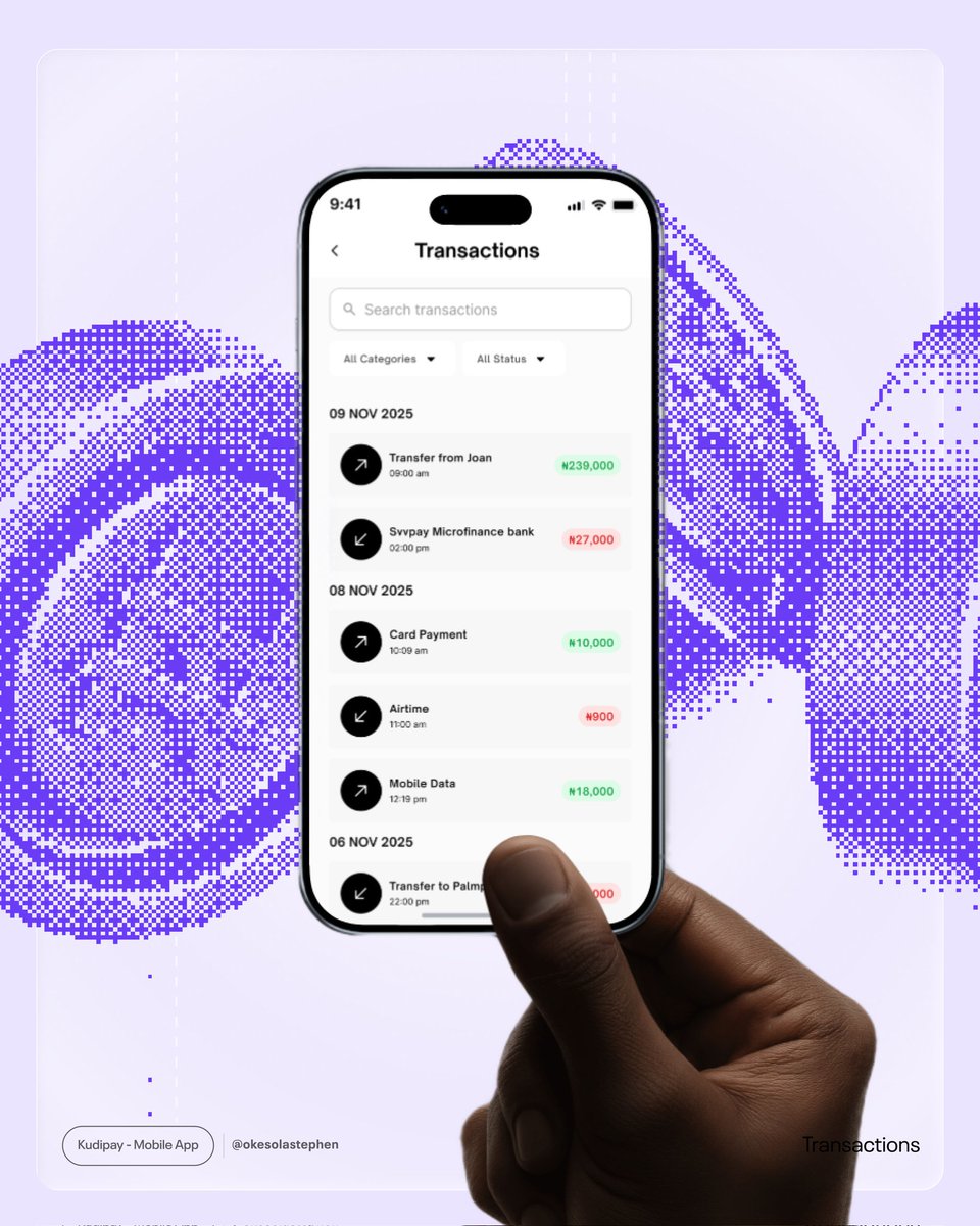 OkesolaAyomide's tweet image. I’ve been learning a lot while building Kudipay (full write-up coming soon).

Here’s today’s drop:

The transaction flow. Clean, fast, intentional.

Thoughts?

#UIDesign #Fintech #DesignFlow #LetterAtoZ #LetterK