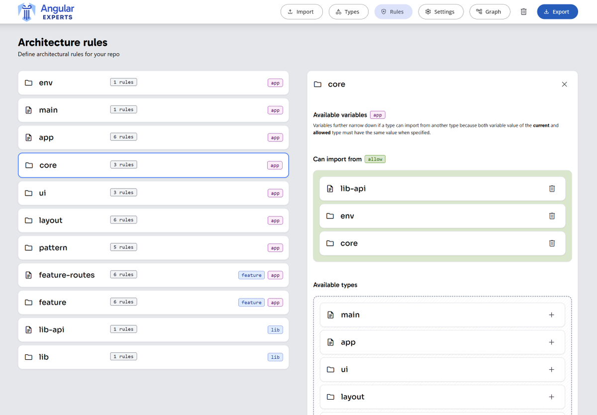 tomastrajan's tweet image. We&apos;re getting closer...

The #Angular architecture editor will launch soon-ish and let you define your #eslint based architectural types and rules with ease 😉