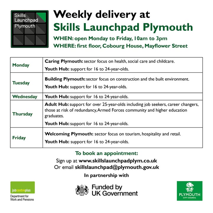 Planning your next steps? Our experienced co-ordinators are available each week to meet with you. They are on hand to help connect you with opportunities across skills, training, education and jobs!

To book an appointment, click 👉zurl.co/gLGKL 
#Skills4Plymouth