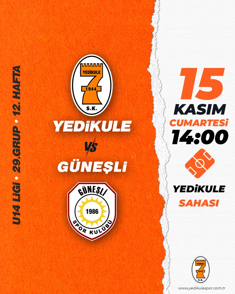 U14 ligi 12. hafta maçımız, 15 Kasım Cumartesi günü, Güneşlispor ile Yedikule Sahasında oynanacaktır. Sporcularımıza başarılar diliyoruz. 🟠⚪️
#YedikuleninÇocukları