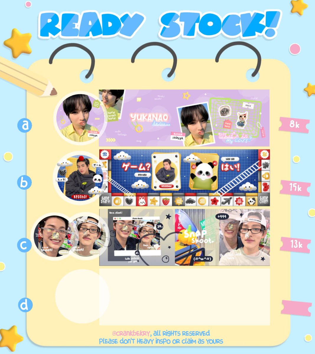 +°. ready stock layout in lai gallery🖼️^੭ ֹ

lai mau cs layout ready stock carmen,ian,sakuya, keonho dan seonghyeon dengan price yang sudah tertera🎨 
free re-text yaa jika kalian ingin ganti🖍️

#zonauang