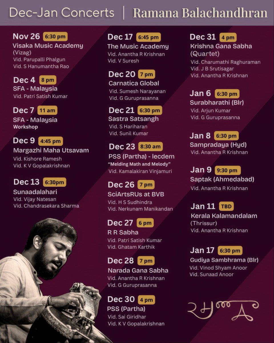 _RamanaB_'s tweet photo. Looking forward
#ramanabalachandhran #musicseason #margazhi #decembermusicseason #concertschedule https://t.co/QDwn6fKDBw