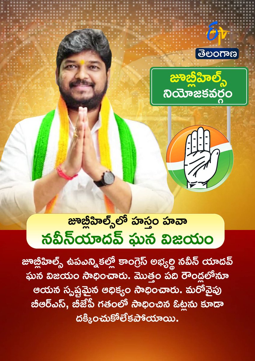 etvtelangana's tweet image. జూబ్లీహిల్స్ ఉపఎన్నికల్లో కాంగ్రెస్ అభ్యర్థి నవీన్‌ యాదవ్‌ ఘన విజయం సాధించారు. 25 వేల ఓట్లకుపైగా  రికార్డు మెజార్టీతో గెలుపొందారు.
#jubleehillbyelections #jubleehillbyelectionsresults #congresswin #naveenyadavwin #etvdigital