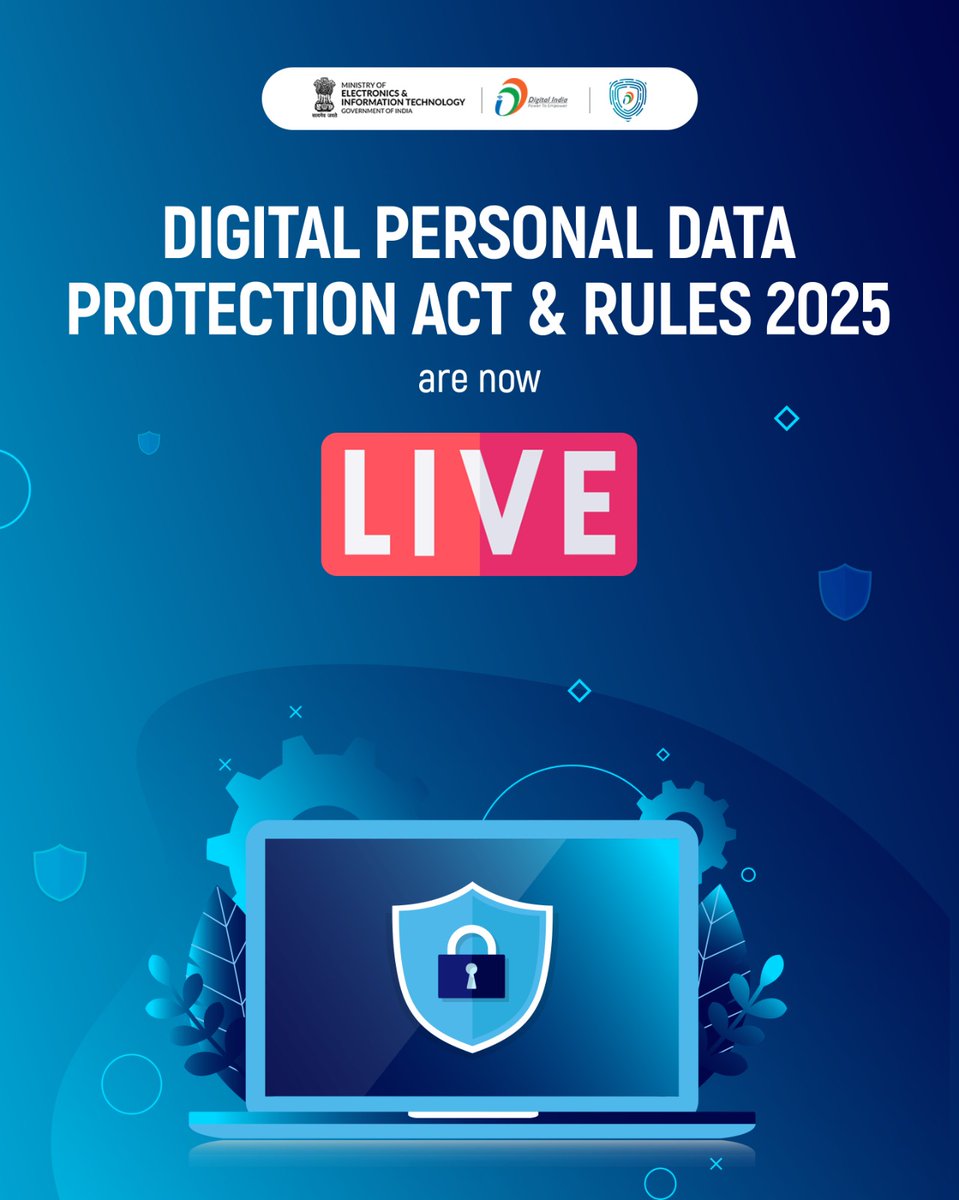 _DigitalIndia's tweet image. Digital Personal Data Protection Act &amp;amp; Rules 2025 are now Live.

Click on the link here to read about the DPDP Act&amp;amp; Rules:
egazette.gov.in/(S(ht1vstbmp0a…

@ind_dpdp 

#DigitalIndia #DPDP #DigitalTransformation