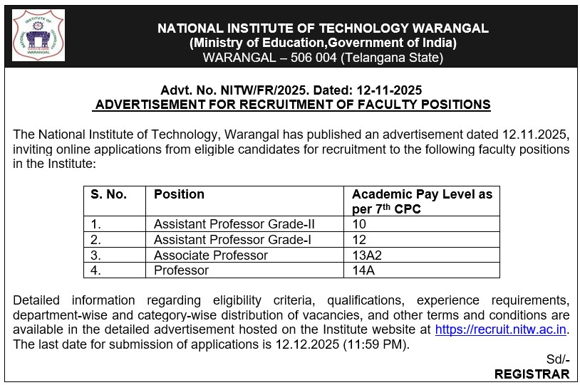 RECRUITMENT OF FACULTY POSITIONS @ NIT WARANGAL
Please refer recruit.nitw.ac.in. 
The last date for submission of applications is 12.12.2025 (11:59 PM).
#recruitment #nitw #nitwarangal #facultyposition #vacancy <a href="/EduMinOfIndia/">Ministry of Education</a>