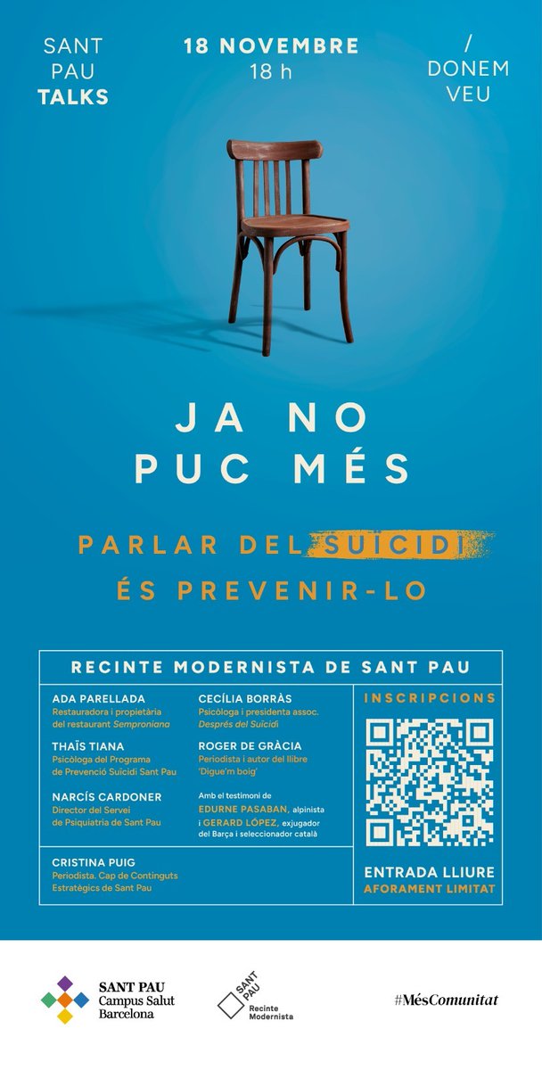 #MOLTINTERESSANT

🧠 L’Hospital de Sant Pau presenta “Ja no puc més. Parlar del suïcidi és prevenir-lo”.

👥 Amb la participació de diverses personalitats i professionals.

📅 18 de novembre
⏰ 18 h
📍 Recinte Modernista del Sant Pau

🔗 Inscriu-t’hi a: shorturl.at/s1Ekb