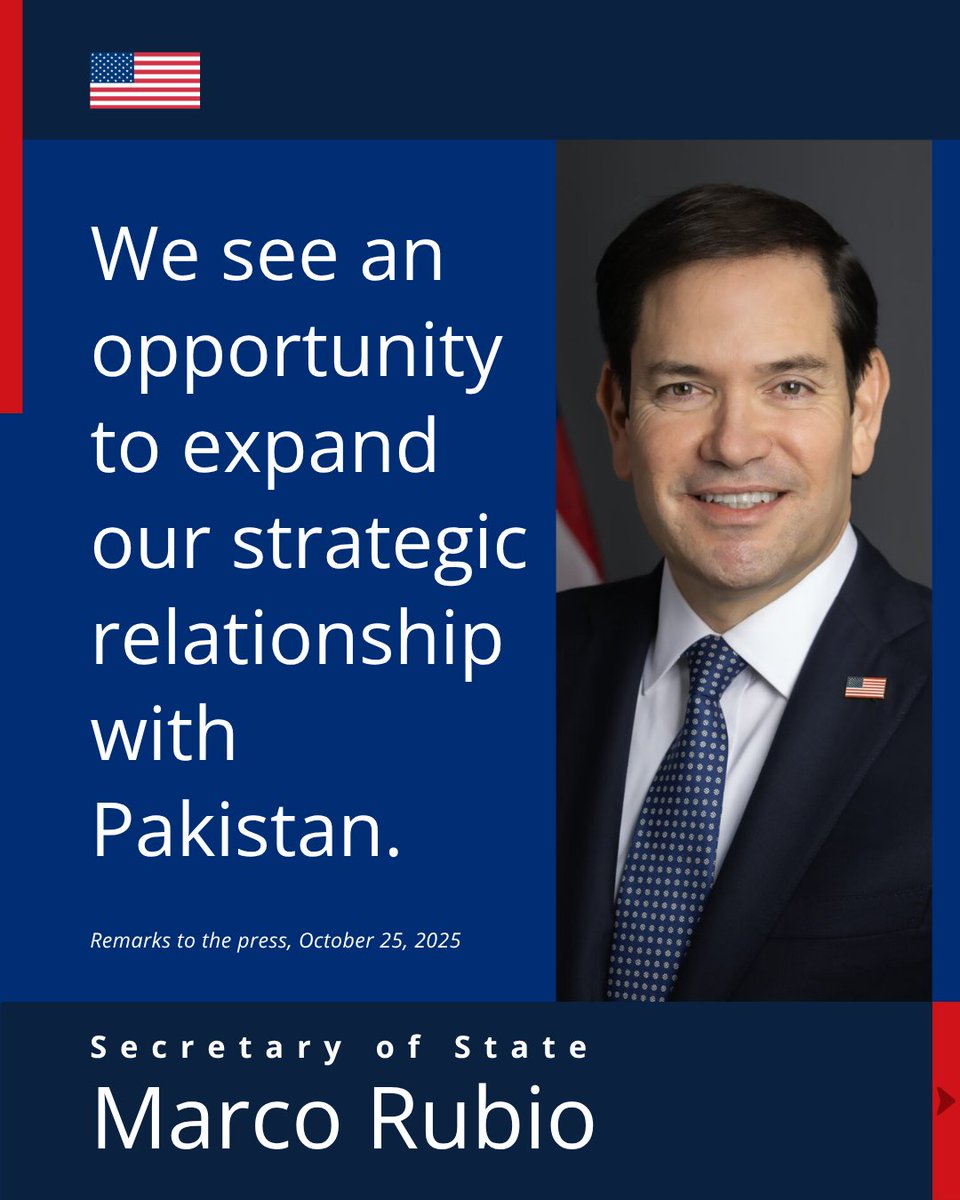 usembislamabad's tweet image. Secretary Rubio recently emphasized the United States’ interest in a strategic partnership with Pakistan, calling the strengthening of the relationship ‘very encouraging.’ Full remarks from the press engagement in October here: state.gov/releases/offic…