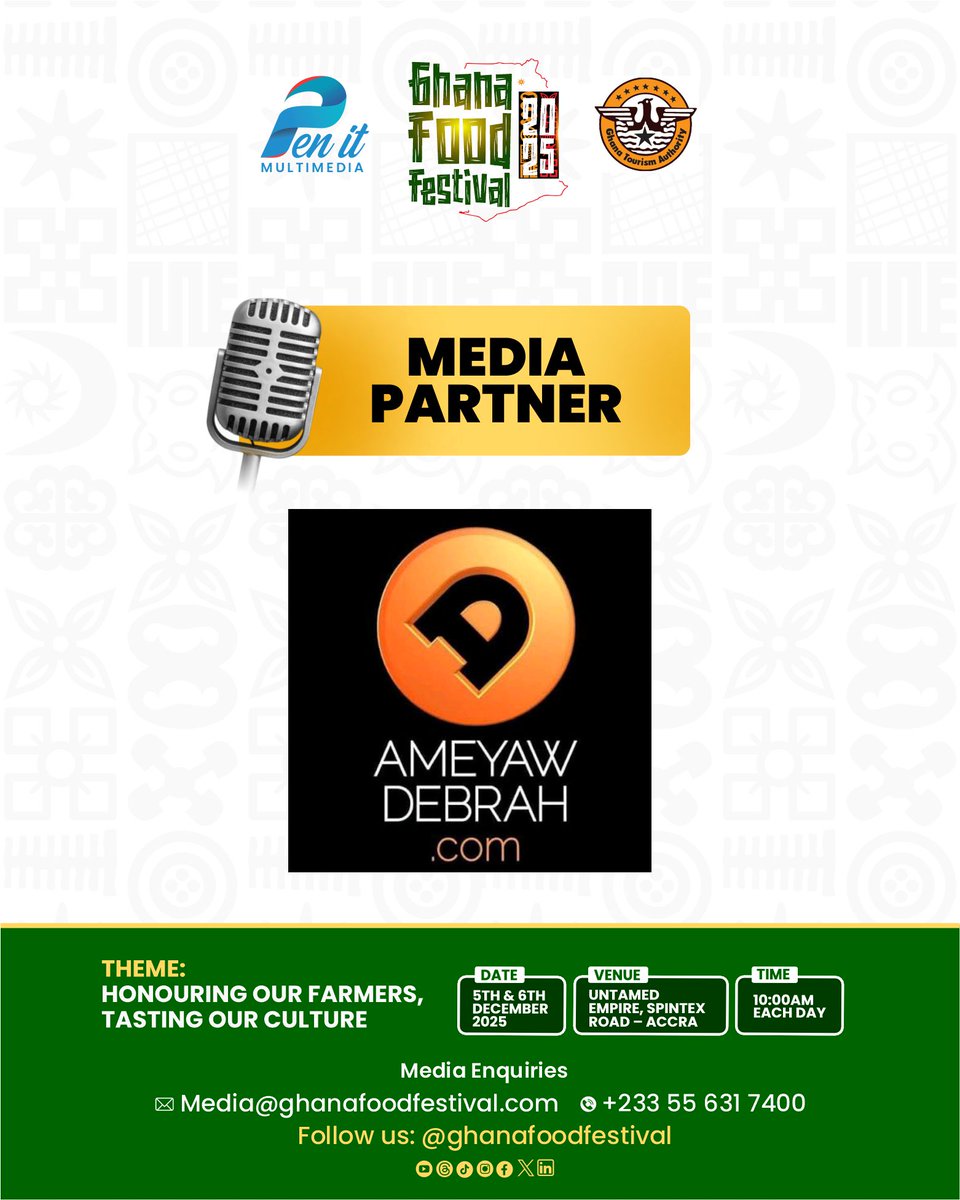 We are pleased to welcome <a href="/AmeyawDebrah/">Ameyaw Debrah</a> as an official media partner for the Ghana Food Festival 2025. 🤝🇬🇭

This partnership will help us share Ghana’s rich culinary culture with a wider audience and strengthen our festival storytelling and coverage.

#ghana #accra #ameyawdebrah
