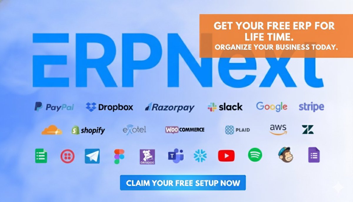 saleh_awal's tweet image. Stop paying for complexity! 🛑 Get @ERPNext FREE for LIFE to organize your business today. 🚀

Integrates seamlessly with your favorite apps (PayPal, Shopify, Slack, etc.).

Start managing smarter, not harder. 👇

#ERPNext #FreeERP #OpenSource
x.gd/QuCFt