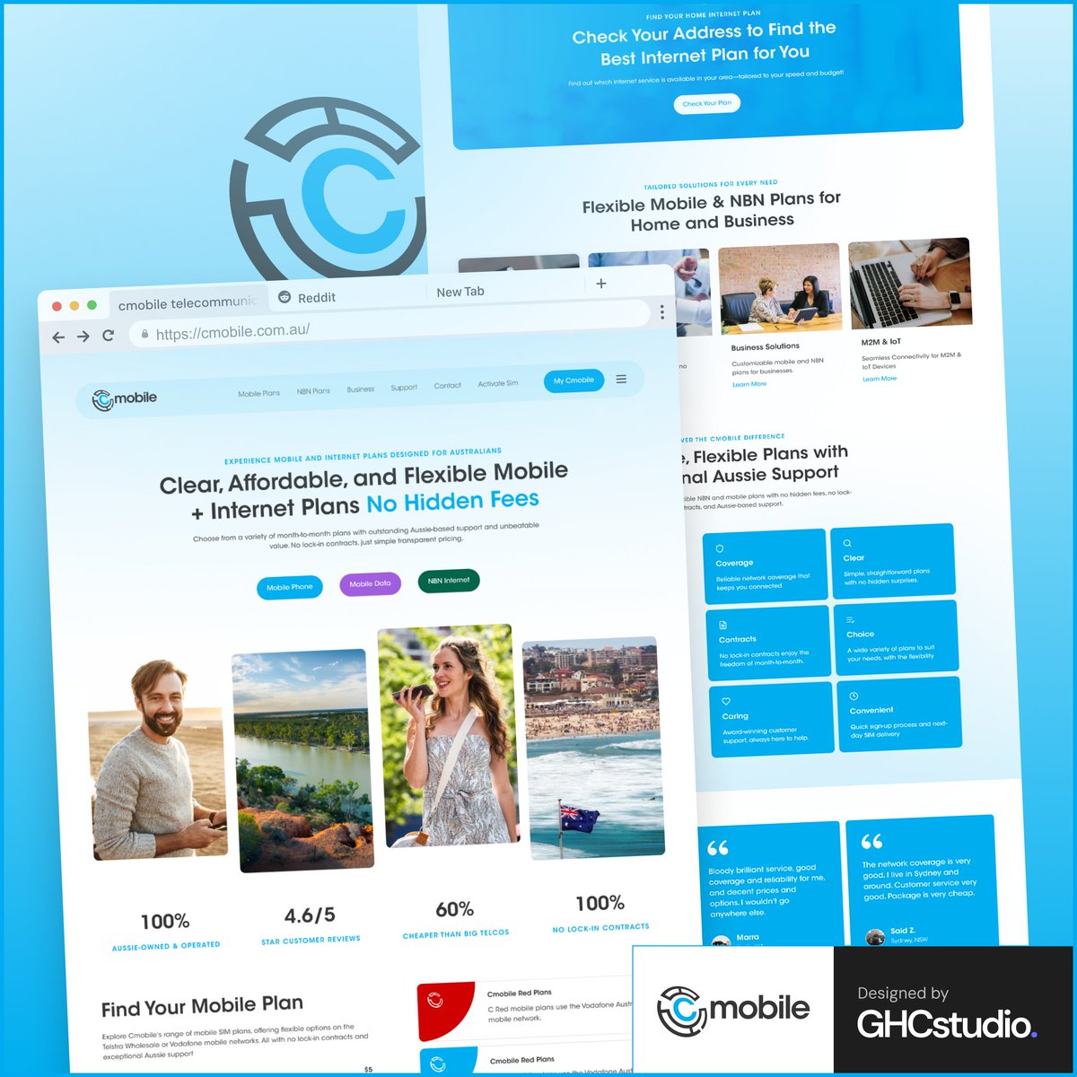 ghc_studio's tweet photo. 📱 Just launched a website for CMobile!  

We created a clean, user-friendly website with mobile-responsive design, plan comparison tools, and address search functionality for NBN availability.  

Check it out: https://t.co/h1XkKPhPoM 

#WebDesign #GHCStudio https://t.co/4b3lRo4pDO