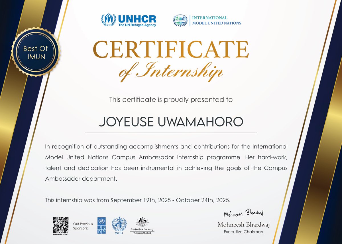 Joyeuse264's tweet photo. Grew, learned, and connected through my @imunofficial Campus Ambassador Internship ; promoting conferences, mentoring peers, and being recognized twice as Best Intern. 

What opportunity is helping you grow today?

#IMUN #YouthLeadership #GlobalEngagement https://t.co/iHhaumnJ7z