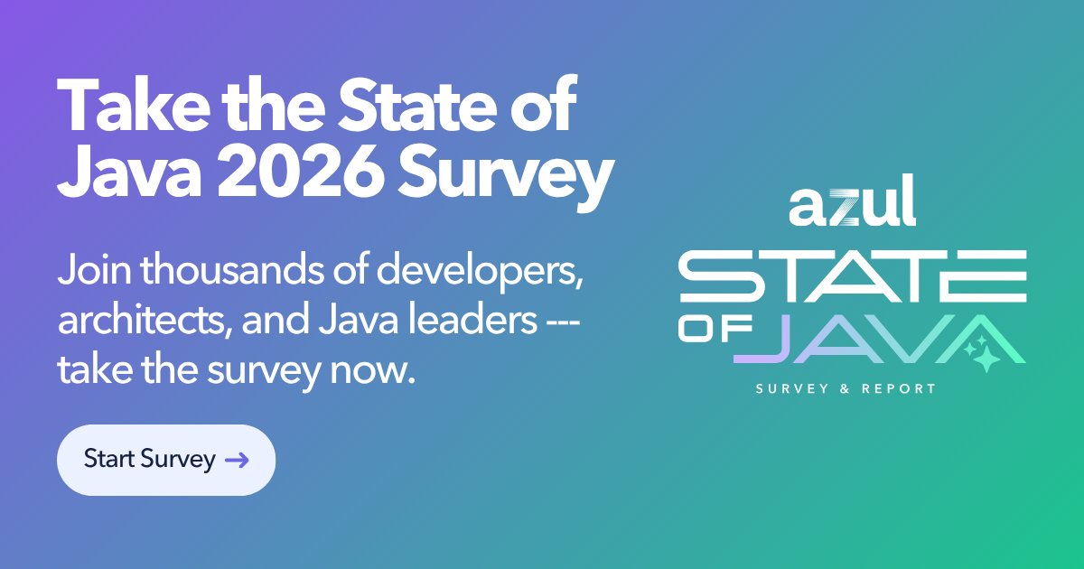 reindejong's tweet image. Java pros — your insights matter. Fill out the 2026 State of Java Survey from Azul + Dimensional Research: survey.alchemer.com/s3/8466906/OSo…
 
#StateOfJava #Java #Javatrends #OracleJava