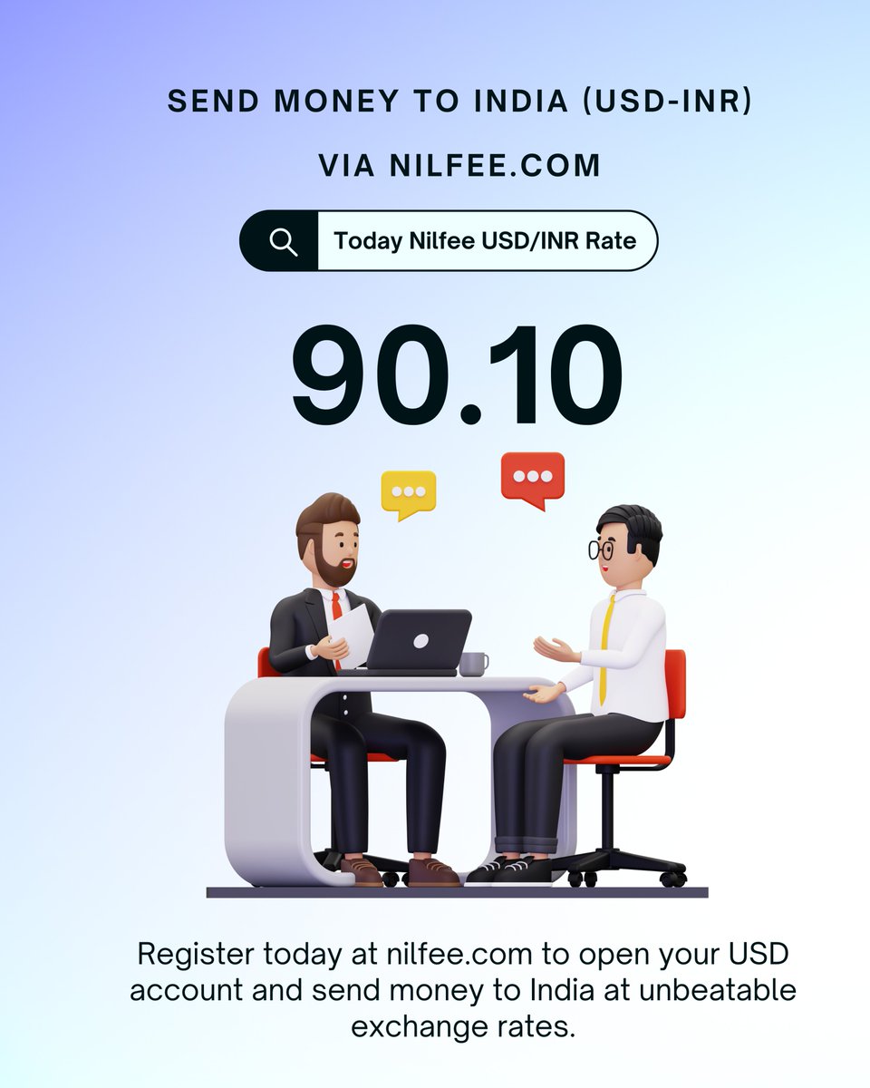 🇺🇸➡️🇮🇳 Send Money to India at the Best USD-INR Rate! 🔥

Nilfee lets you send money to India at unbeatable exchange rates — today’s rate: ₹90.10 per USD.

Open your USD account instantly and enjoy super-fast, secure, and low-cost transfers to India.

✨ Register today at