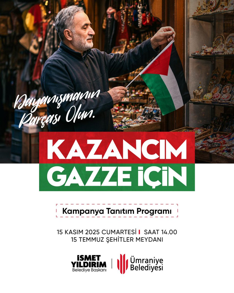 Sevgili Ümraniyeliler ; 

"Kazancım Gazze İçin" adlı Kampanya Tanıtım Programına tüm komşularımız davetlidir. 

Tarih : 15 Kasım CUMARTESİ 
Saat : 14:00 
Yer : 15 Temmuz Şehitler Meydanı