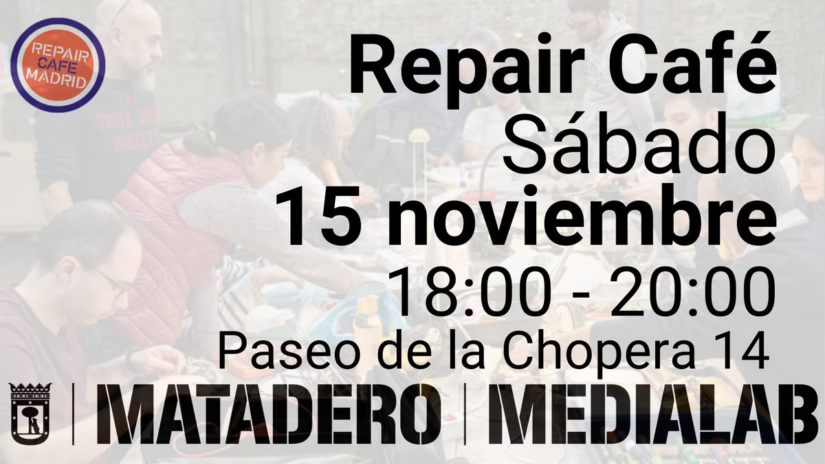 MadridRepair's tweet image. Este sábado día 15 tienes un encuentro colaborativo en @medialabMM para reparar pequeños objetos cotidianos y aprender a mirarlos de una manera más sostenible.
Te esperamos a las 18:00 en la Sala #Terrario de @mataderomadrid
facebook.com/events/1131119…
#RepairCafé #Medialab