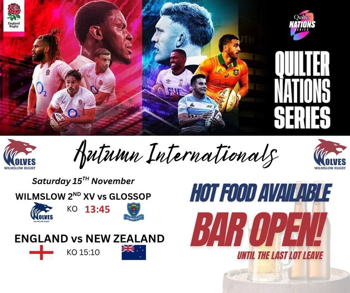 **********Second XV kick-off now 1:45 tomorrow *********
Follow the lads on their  6 match win streak at home vs Glossop
Back the lads, and stick around as we roll straight into a massive international clash.  
🍻 Bar open from 1:30pm 
📷 Carole’s hot food available