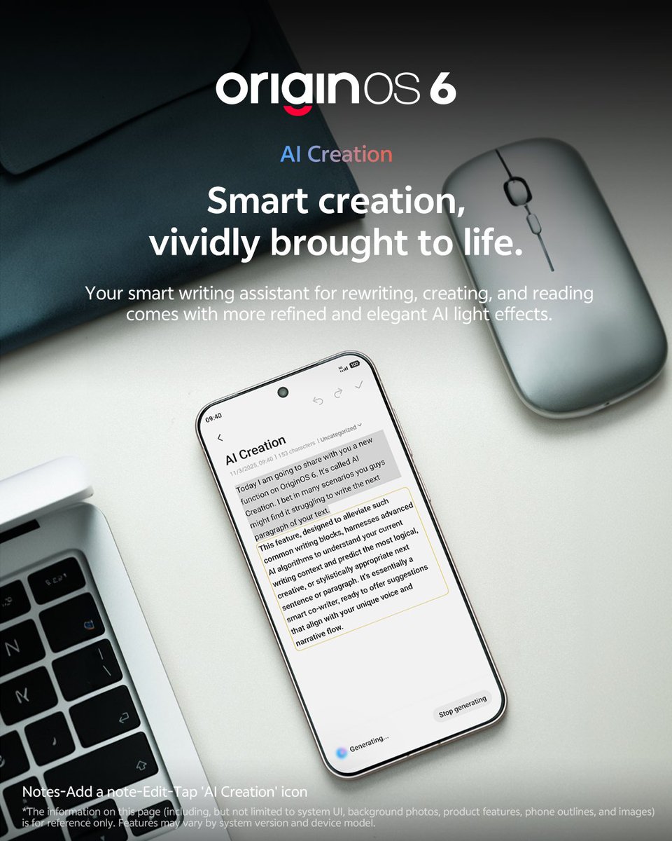 OriginOS_Global's tweet image. Need a creative boost? Your smart co-writer has arrived. AI Creation in OriginOS 6 helps you rewrite, generate, refine, summarize, and perfect your text instantly.