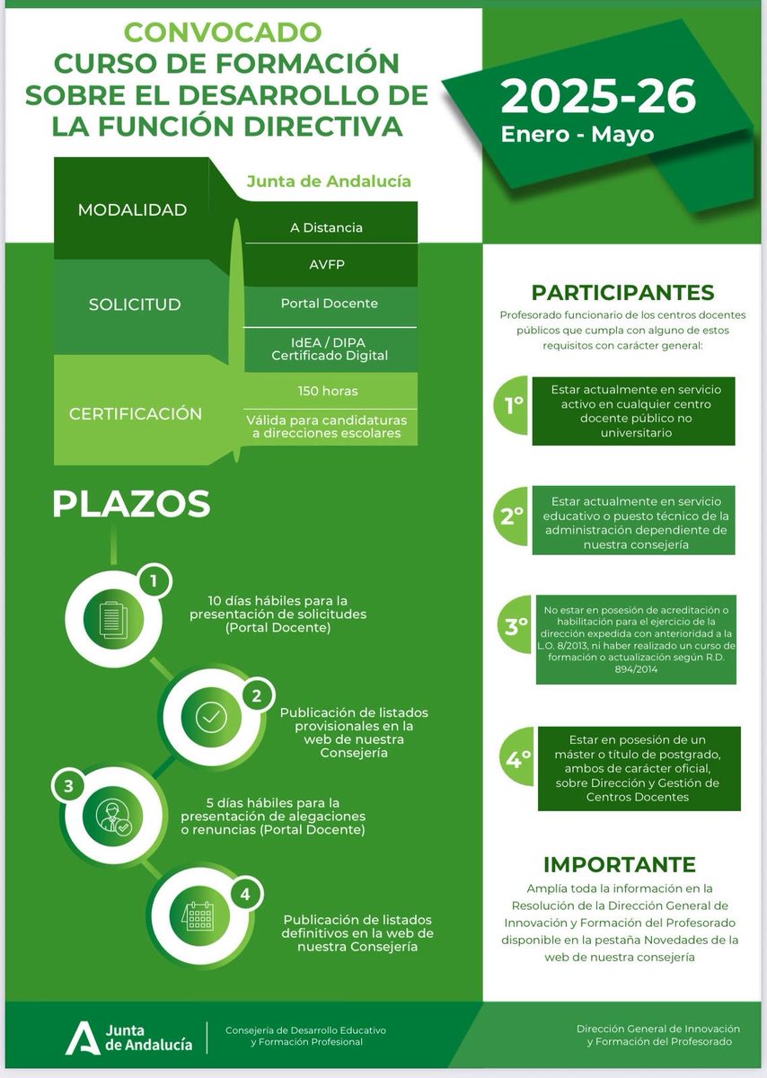 Convocada 🔇 Mediante Resolución 6 de noviembre bit.ly/3JA9wdf 🗓️Curso deformación sobre el desarrollo de la función directiva a distancia 👉🏽 bit.ly/4oGCSG4 🔰🌀🗣️
……..
<a href="/EducaAnd/">Consejería Desarrollo Educativo y FP</a> 
<a href="/DG_IFP/">DG de Innovación y Formación del Profesorado</a>
