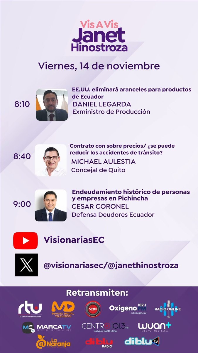 Viernes en #VisaVisconJH con <a href="/janethinostroza/">Janet Hinostroza</a> nos acompañan:   

🎙️<a href="/dlegarda/">Daniel Legarda</a> 
🎙️<a href="/mikeaulestia/">Michael Aulestia 🇪🇨</a> 
🎙️<a href="/CesarCoronelEc/">César Coronel Garcés</a> 

Míralo en vivo👇🏼

youtube.com/@visionariasec…