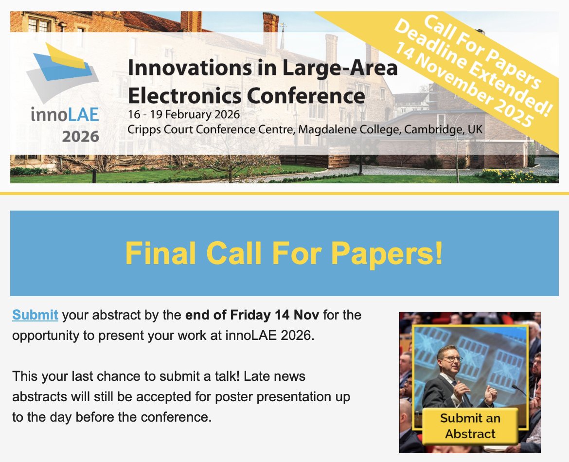 innoLAE's tweet image. Final Call For Papers!

Submit your abstract by the end of today - last chance!

innolae.org/call-for-papers
#flexibleelectronics #organicelectronics #bioelectronics