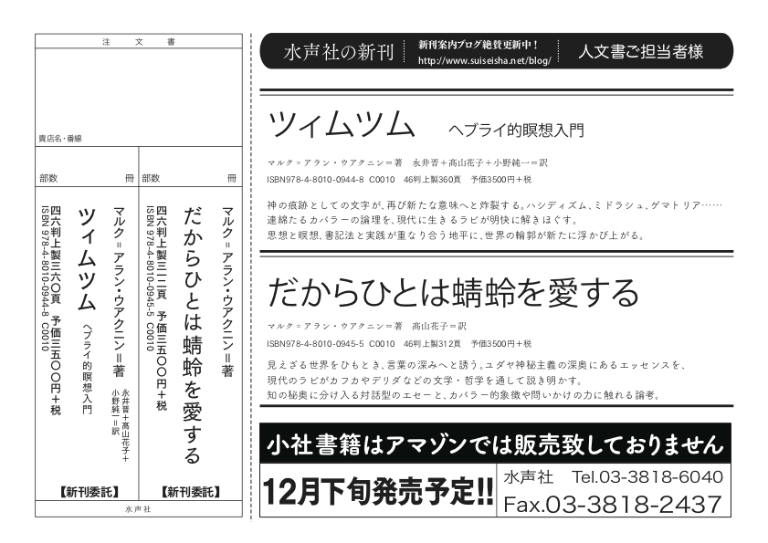 書店様用チラシ： ☆12月下旬発売予定 『ツィムツム ヘブライ的瞑想