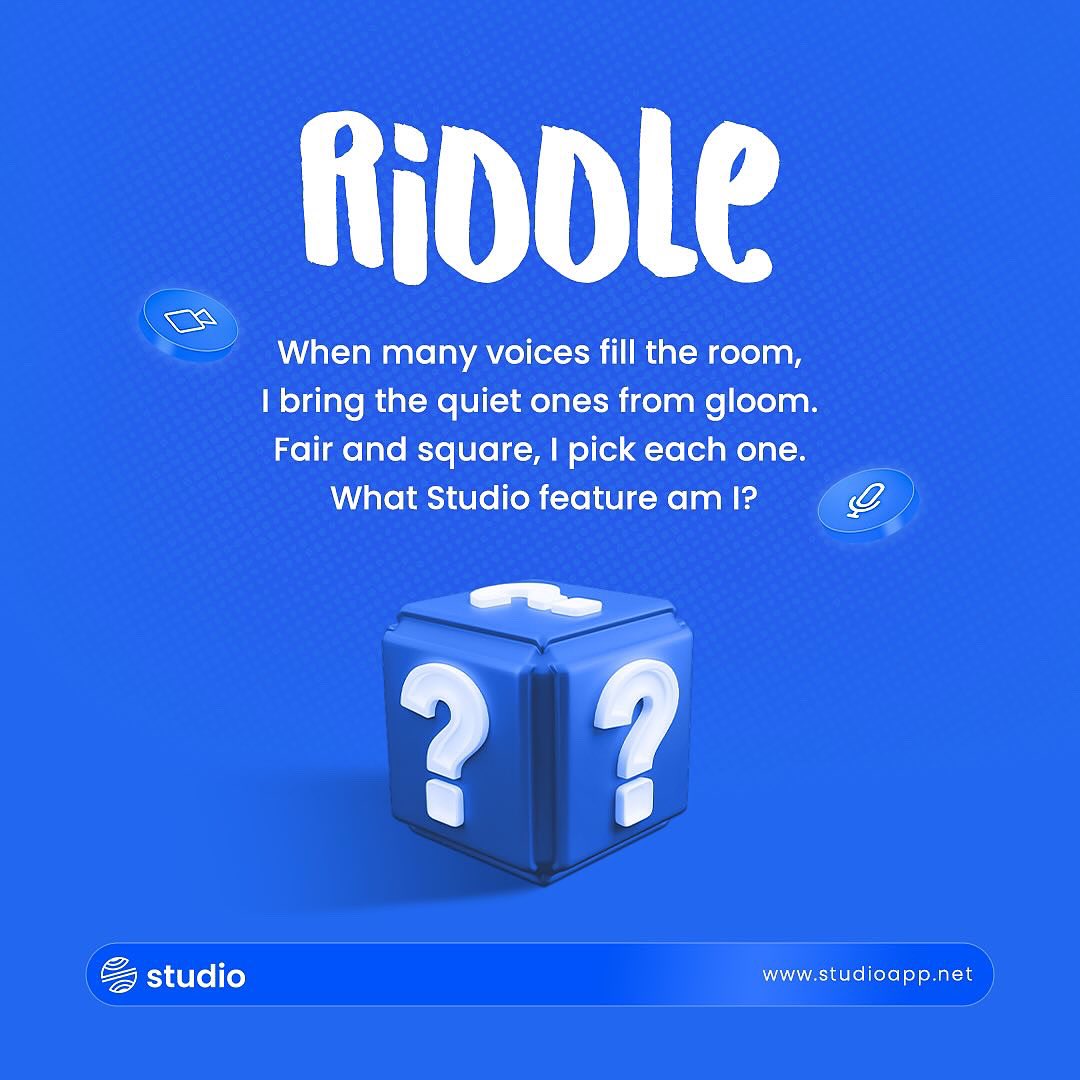 thestudio_app's tweet image. TGIF! Lets play😄
When many voices fill the room, 
I bring the quiet ones from gloom. 
Fair and square, I pick each one. 
What Studio feature am I?

#StudioApp #InteractiveFeatures #FairAndSquare #CollaborationMadeEasy #TeamworkTools #EngageWithEase #StudioTrivia #WorkSmarter