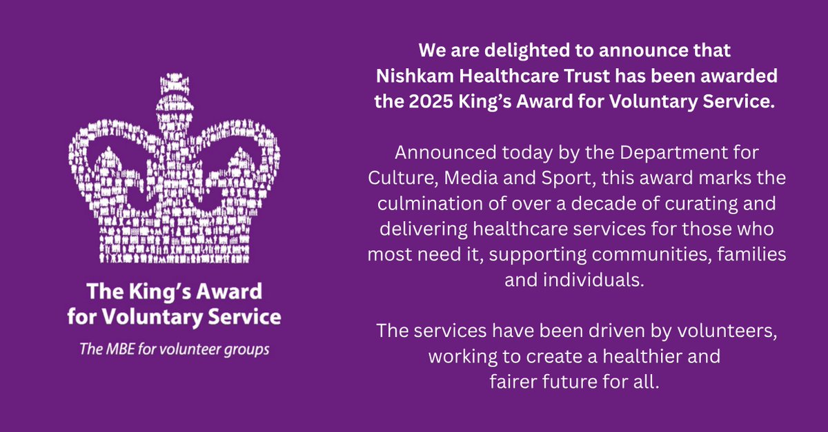 We are delighted to announce that we have been awarded the 2025 King’s Award for Voluntary Service.  Announced today by <a href="/DCMS/">Department for Culture, Media and Sport</a> , this marks over a decade of delivering #volunteer-led #healthcare #KAVS2025! <a href="/KingsAwardVS/">The King's Award</a> <a href="/NishkamCentre/">Nishkam Centre</a> <a href="/WMLieutenancy/">WMLieutenancy</a> nishkamhealthcaretrust.com/news/kingsaward