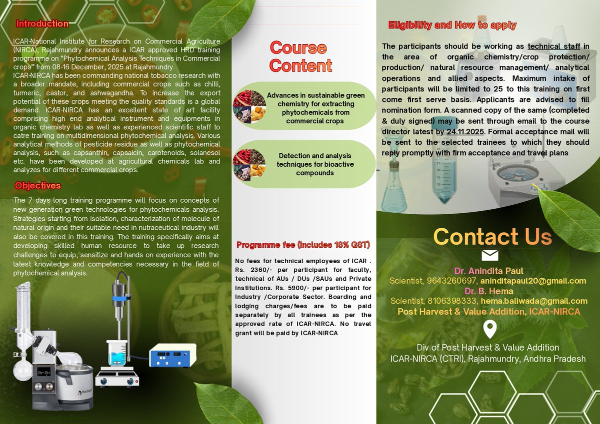 ICARNIRCA's tweet photo. ICAR–NIRCA, Rajahmundry is delighted to announce the ICAR-approved HRD Training Programme on “Phytochemical Analysis Techniques in Commercial Crops”, scheduled from 08–16 December 2025.

The institute welcomes participants and invites nominations for this specialised training https://t.co/6MqsS64dbY
