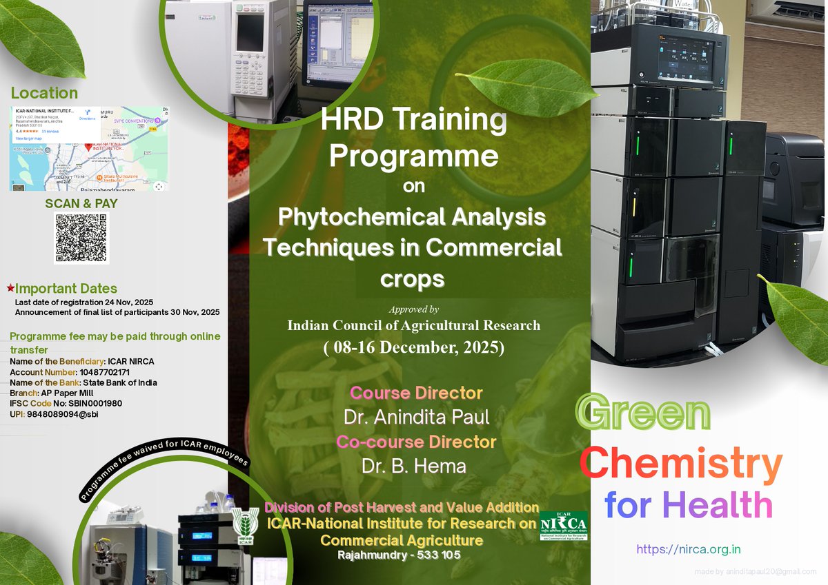 ICARNIRCA's tweet photo. ICAR–NIRCA, Rajahmundry is delighted to announce the ICAR-approved HRD Training Programme on “Phytochemical Analysis Techniques in Commercial Crops”, scheduled from 08–16 December 2025.

The institute welcomes participants and invites nominations for this specialised training https://t.co/6MqsS64dbY